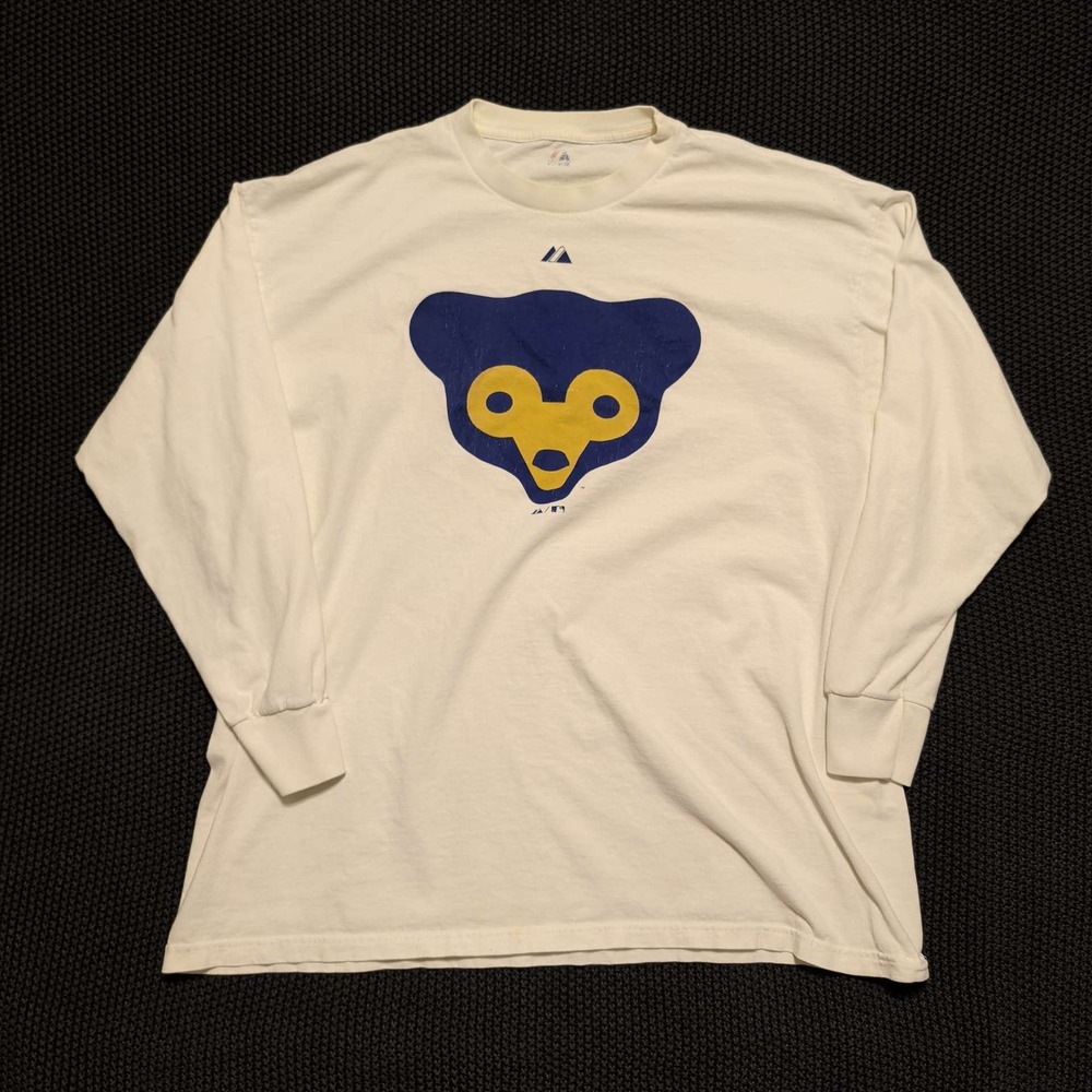 Majestic Chicago Cubs T-Shirt Mens XL White Long Sleeve MLB Bear Logo Graphic